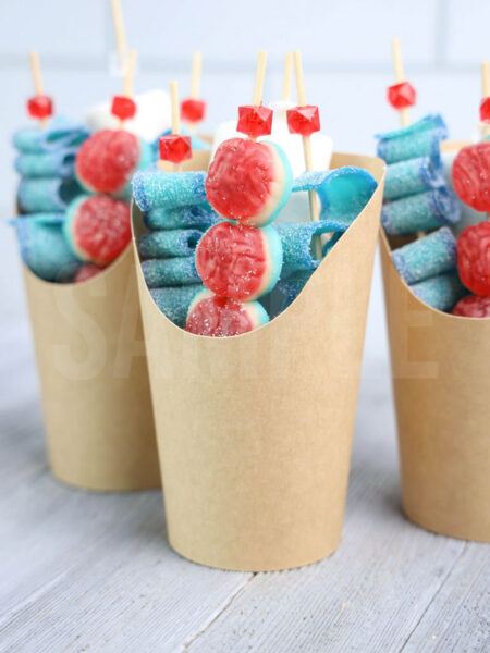 The Brain Candy Cups comes in a brown fry cup with gray wood backdrop.